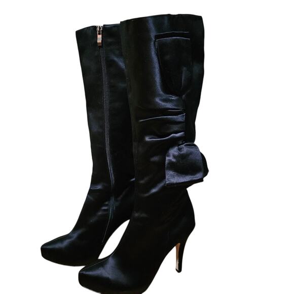 GLINT Designer Black Satin Tall Pump Boots with Bow Sz 7.5M - Picture 1 of 8